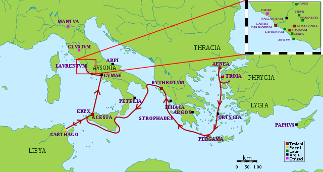 Los viajes de Eneas representados en un mapa.