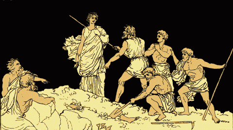 Antigona con el cuerpo de Polinices. Grabado tomado del libro Stories of Greek Tragedy de Alfred Church.