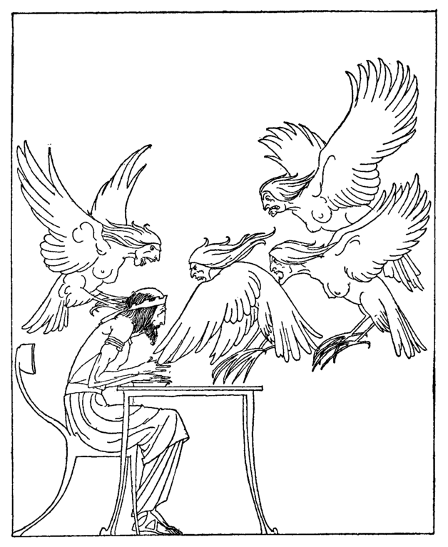 Fineo y las harpias, un ilustración de Willy Pogany de 1921.