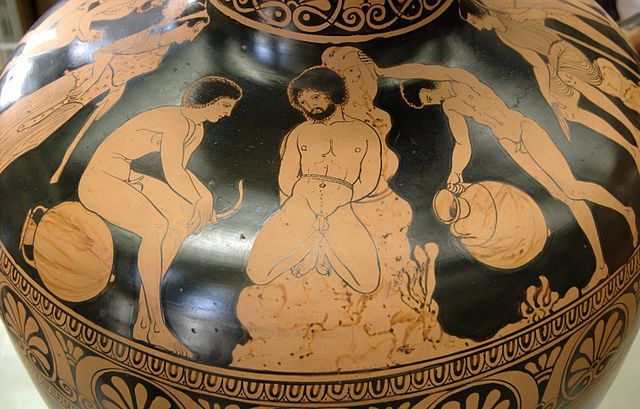 Ámico siendo atado por los Argonautas. Imagen dibujada en un jarrón griego.