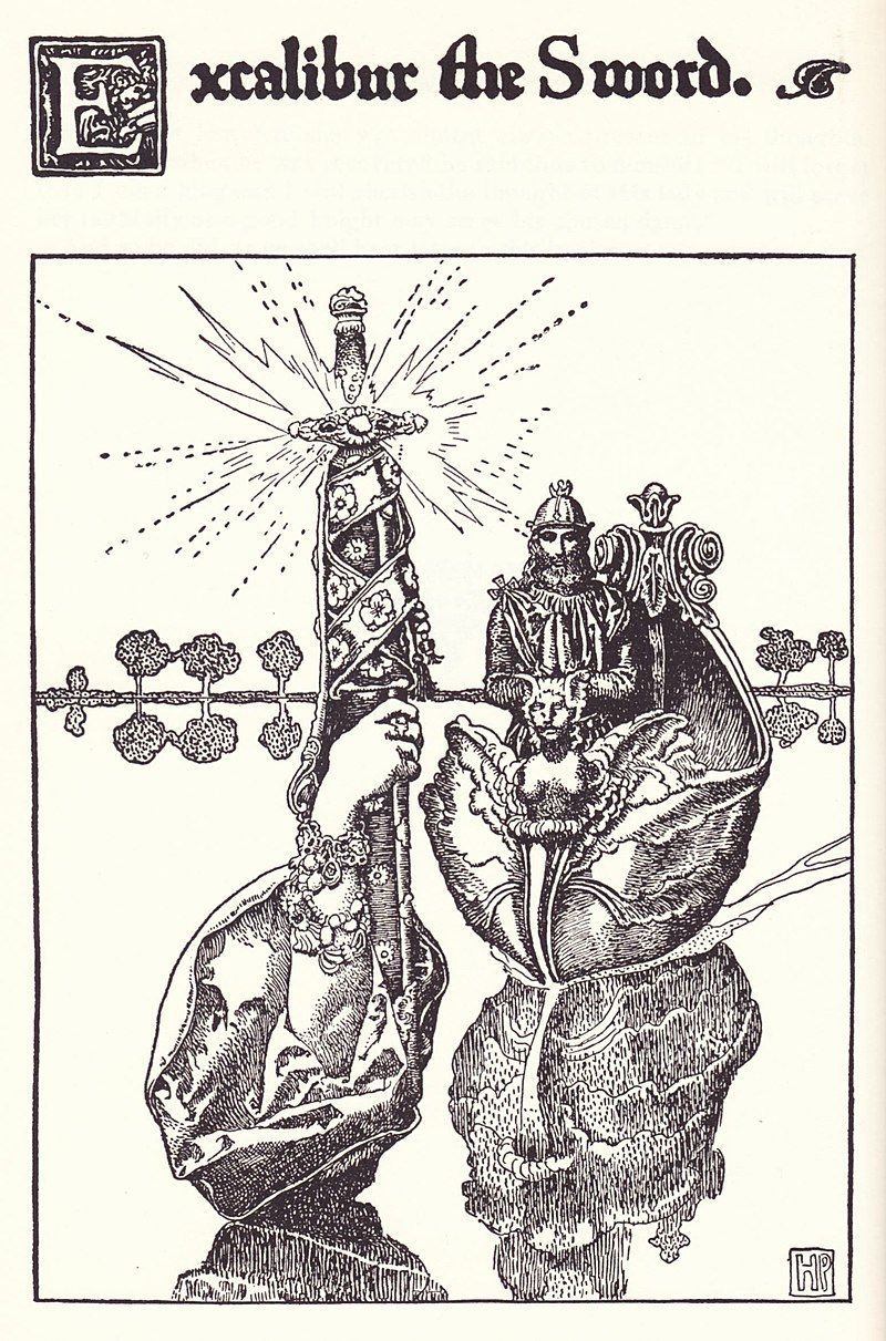Excalibur, la espada del Rey Arturo es la muestra del poder predestinado al gran rey, de gobernar Gran Bretaña. Ilustraciónde Howard Pyle.
