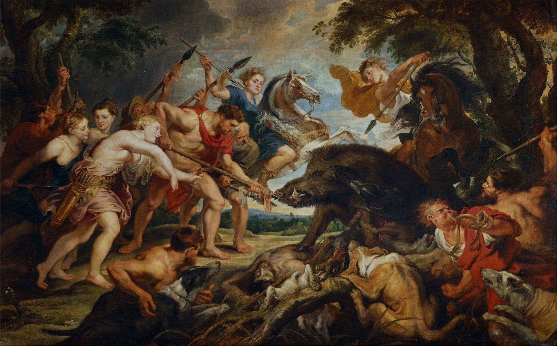 Atalanta y Meleagro junto con los otros cazadores, matando al jabalí de Caledonia, se ha tomado este mito como un simbolo del poder que las mujeres tienen para realizar actividades ligadas a los hombres de manera histórica. Pintura de Peter Paul Rubens.