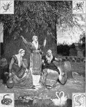 Las nornas hilando el destino en las raices del Yggdrasil. Pintura de L.B. Hansen.
