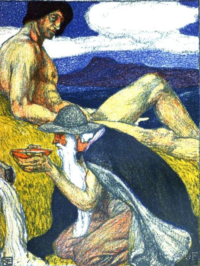 Odín bebiendo del pozo de Mimir. Odín bebiendo del pozo de Mimir, para poder acceder a este pozo tuvo que entregar su ojo como pago por beber del pozo, pintura de Robert Engels,