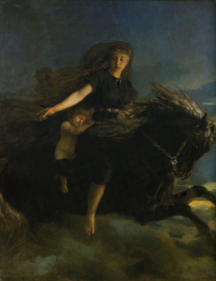 Noche cabalgando a Hrimfaxe La giganta Noche cabalgando en su caballo Hrímfaxi, su hijo el Día cabalgaba en un caballo blanco llamado Skinfaxi. Pintura de Peter Nicolai Arbo.
