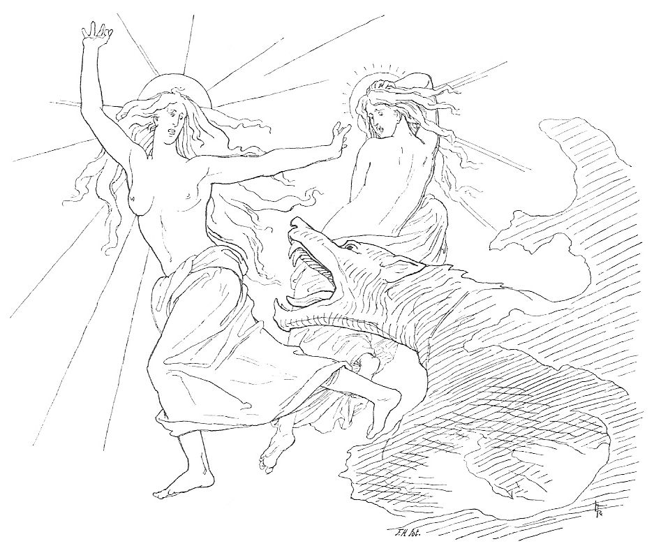 Fenrir el lobo atacando a Sól y su hija. Ilustración realizada por Lorenz Frølich en 1895.