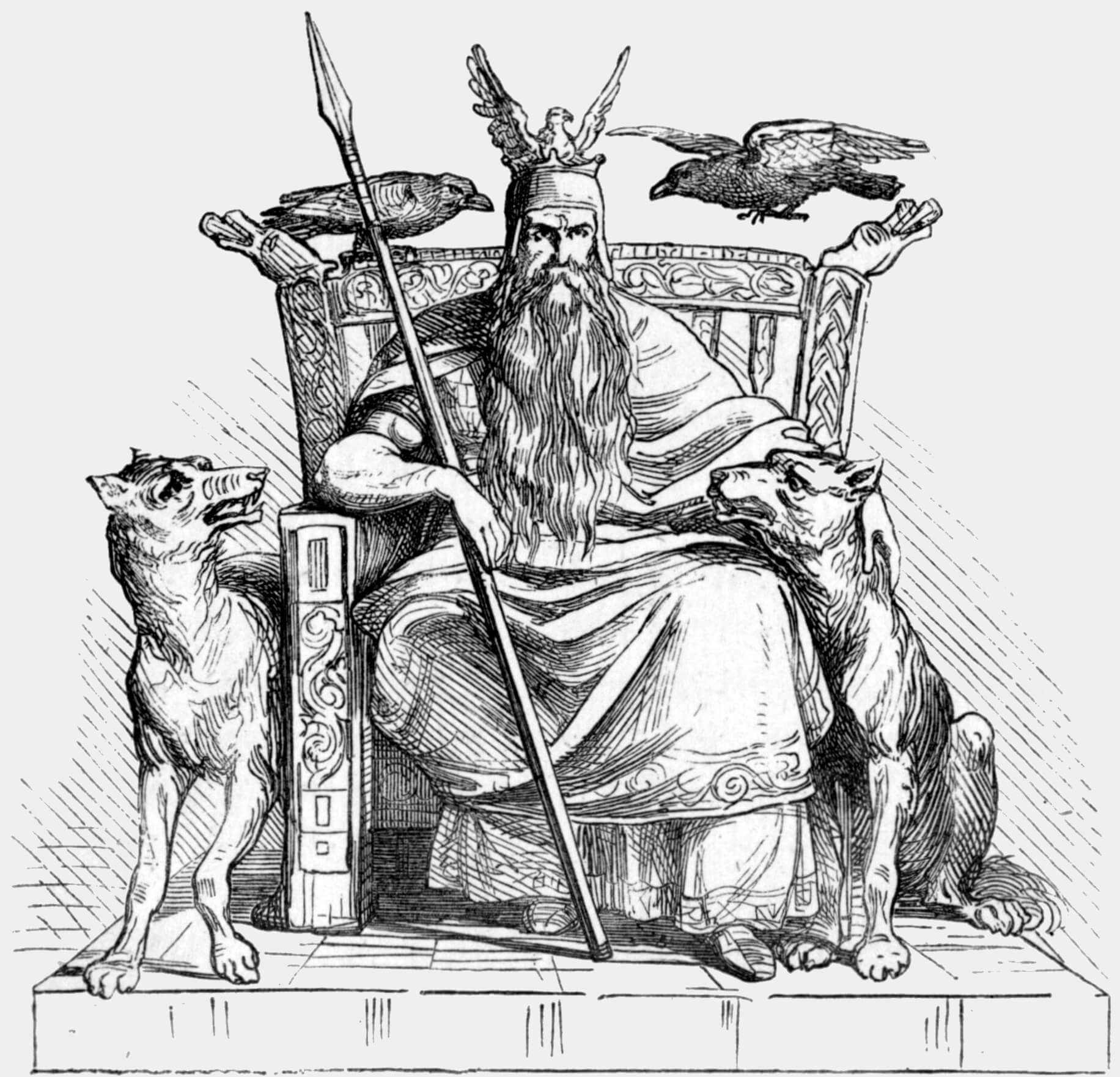 Odin representado sentado en su trono, armado con su lanza, acompañado por sus dos lobos Geri y Freki; y sus dos cuervos Hugin y Munin. Autor desconocido.