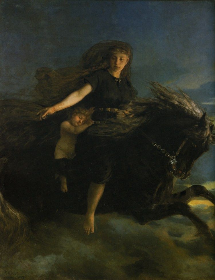 La giganta Noche cabalgando en su caballo Hrímfaxi, su hijo el Día cabalgaba en un caballo blanco llamado Skinfaxi. Pintura de Peter Nicolai Arbo.