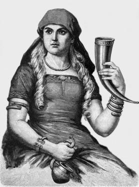 Representación de una mujer que podría ser Borghild con un cuerno en su mano, en que posiblemente ofreció cerveza envenenada a Sinfiotli.