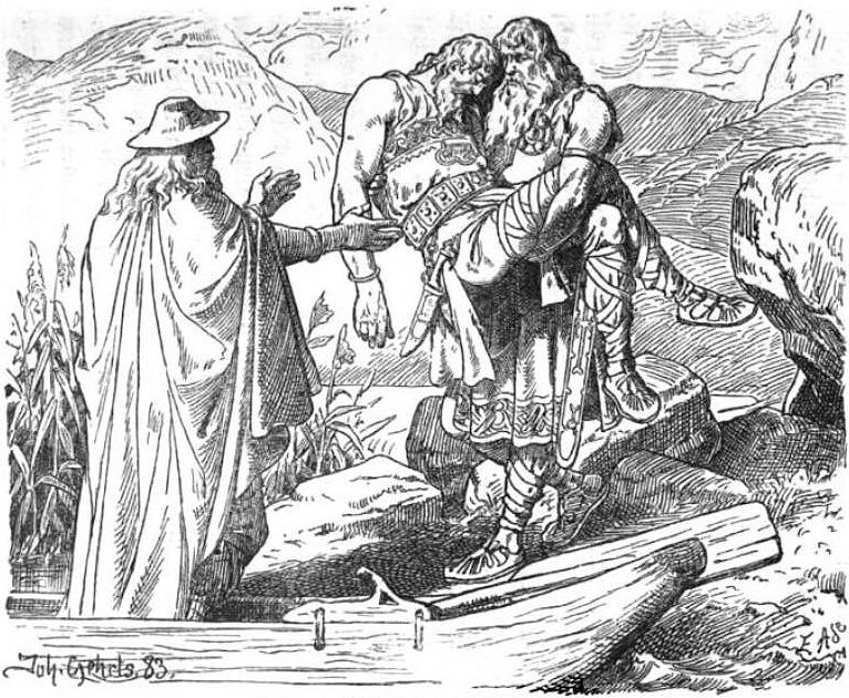 Sigmund entrega el cuerpo de Sinfiotli a un barquero, que resulta ser Odín. Johannes Gehrts.
