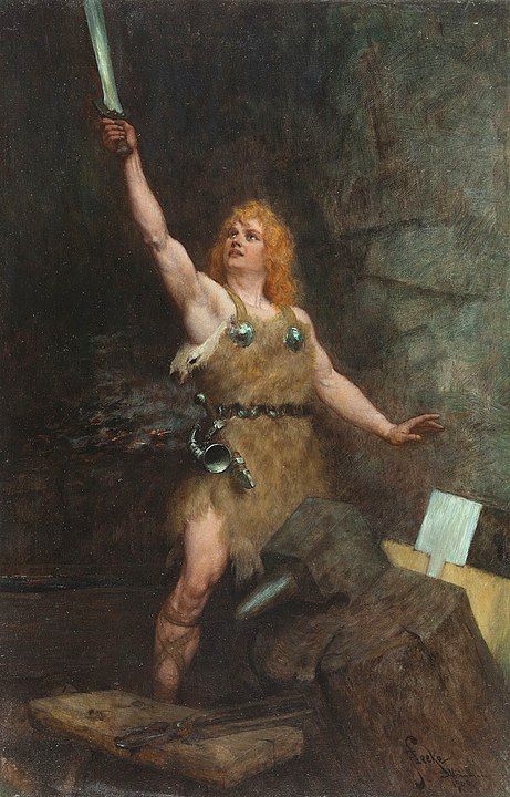 Sigfrido levanta a Balmung su espada tras haber terminado de forjarla. Pintura de Ferdinand Leeke.