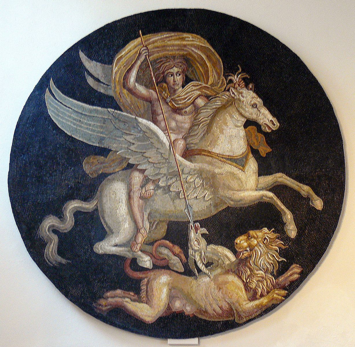 Belerofonte montando a Pegaso mata a la Quimera. Detalle de un medallón romano.
