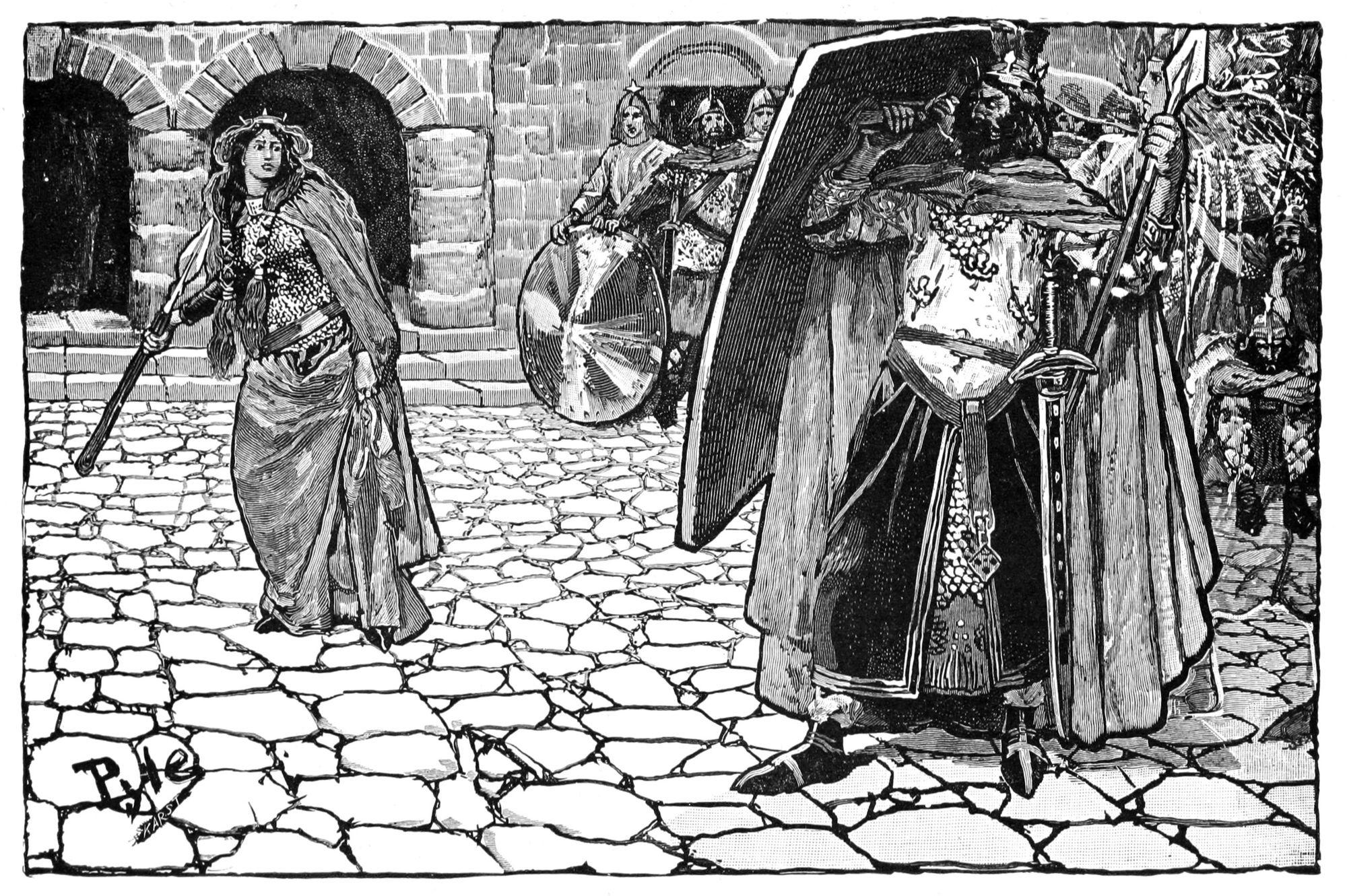 Brunilda reta a Gunter a una batalla, podemos ver s Sigfrido cubierto con su capa de invisibilidad ayudando al rey.