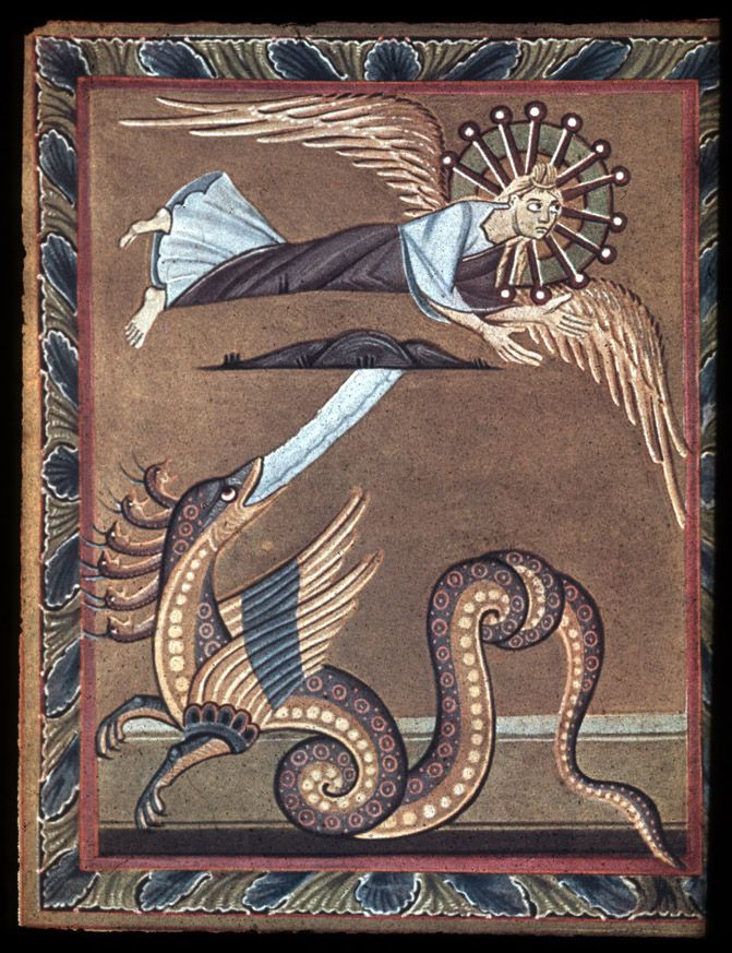 Un arcangel luchando contal un basilisco en un fresco de arter medieval.
