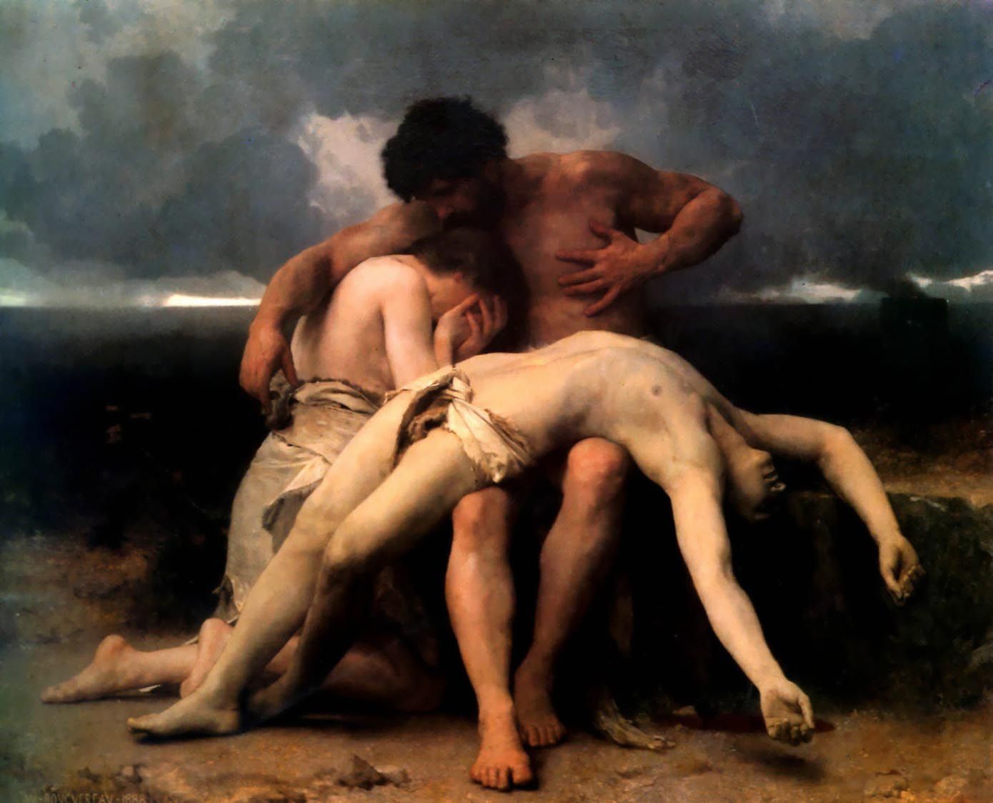 Adán y Eva encuentran muerto a Abel pintura de de William-Adolphe Bouguereau nombrada El Despertar de la Tristeza.