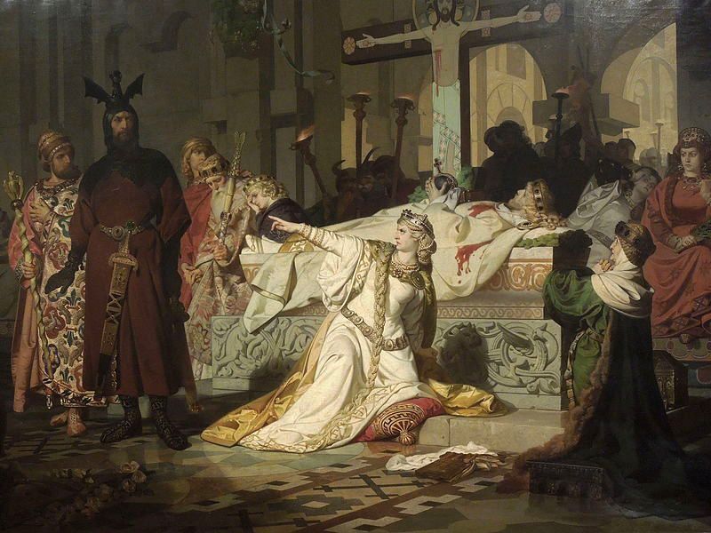 Krimilda junto a Sigfrido que está muerto, llena de dolor acusa a Hagen de su muerte, en una pintura de Emiliana Lauffner.