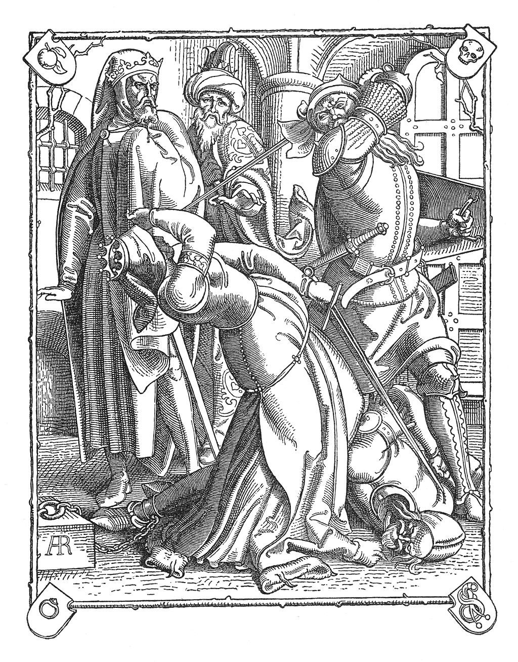 Krimilda es asesinada por Hidelbrand, uno de sus hombres, esto después de que ella matará a Hagen como venganza por la muerte de Sigfrido, en la imagen también se puede ver a Dietrich de Berna y a Etzel el nuevo esposo de Krimilda. Pintura de Alfred Rethel.