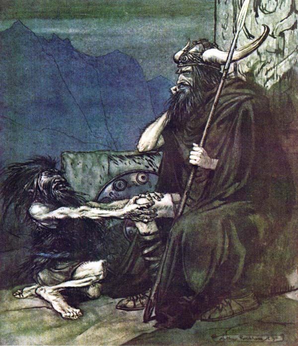 Hagen habla con el enano Andvari, antes de que este le entregue el tesoro. Dibujo de Artur Rackman