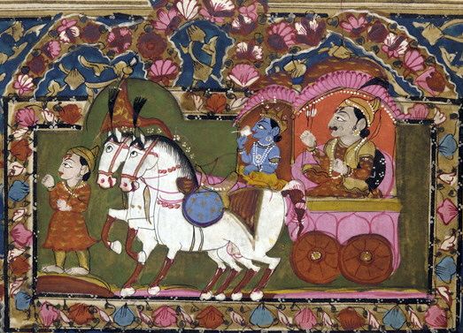 Arjuna y Krishna en una carroza en la batalla de Kurukshetra, pintura del Mahabarata del sigo XVIII - XIX