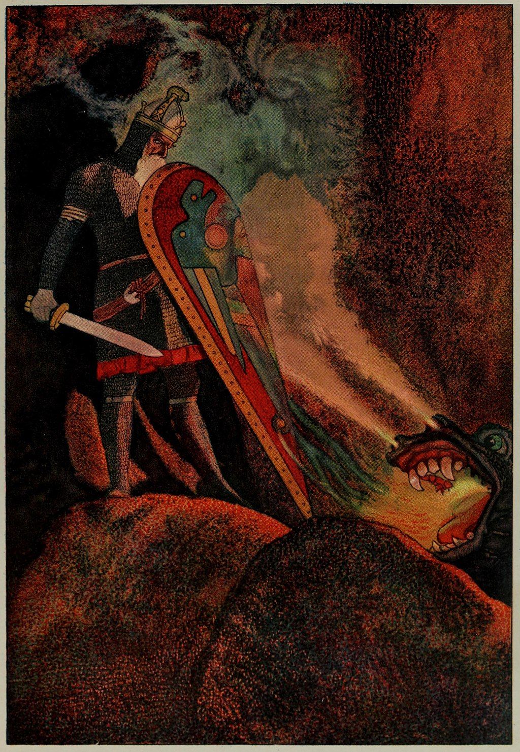 Beowulf cara a cara con el dragón.