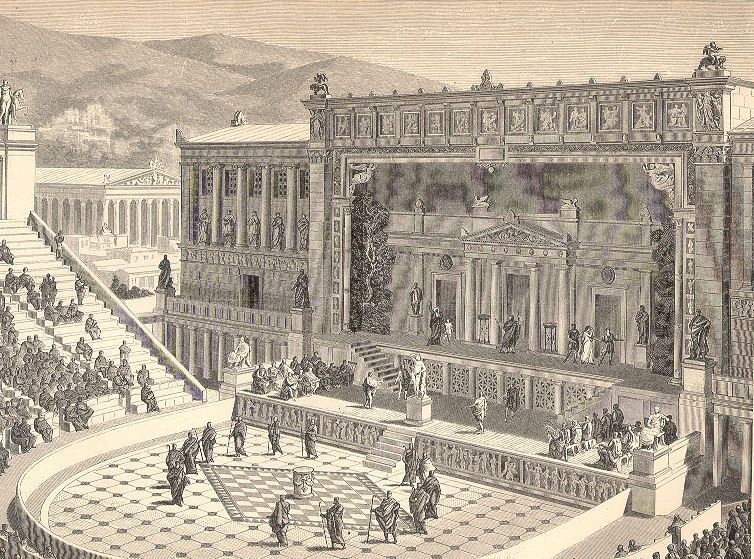 Reconstrucción del teatro de Dionisio en Atenas, en época romana. Ilustración de 1891.