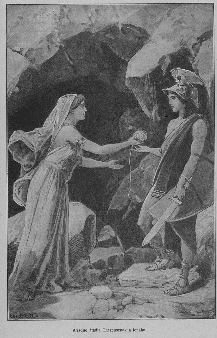 Ariadna entrega un ovillo de hilo a Teseo, gracias a este hilo, Teseo podra escapar del Laberinto.