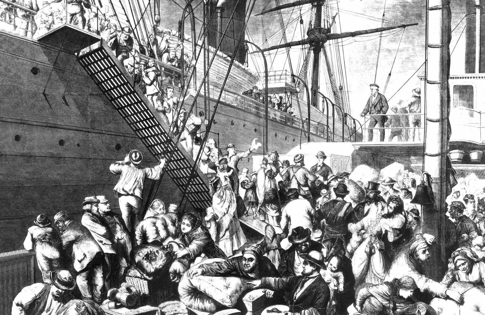 Del Viejo al Nuevo Mundo es el título de este retrato de emigrantes alemanes que embarcan en un vapor en Hamburgo, Alemania, para trasladarse a América. La ilustración se publicó en Harper's Weekly, el 7 de noviembre de 1874.