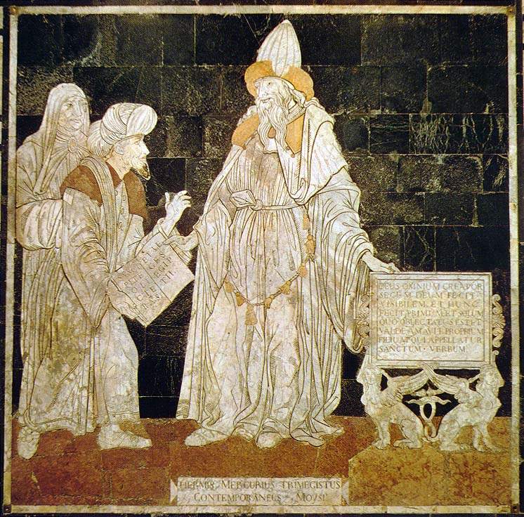Hermes Thot o Hermes Trismegisto uno de los alquimistas más celebres. Representado en pavimento de la Catedral de Siena.