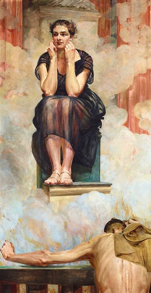 Pintura que represenya a la Pitia, sentada en el Oráculo de Delfos en preparada para dar a conocer su profecía. Pintura de Jacek Malczewski.