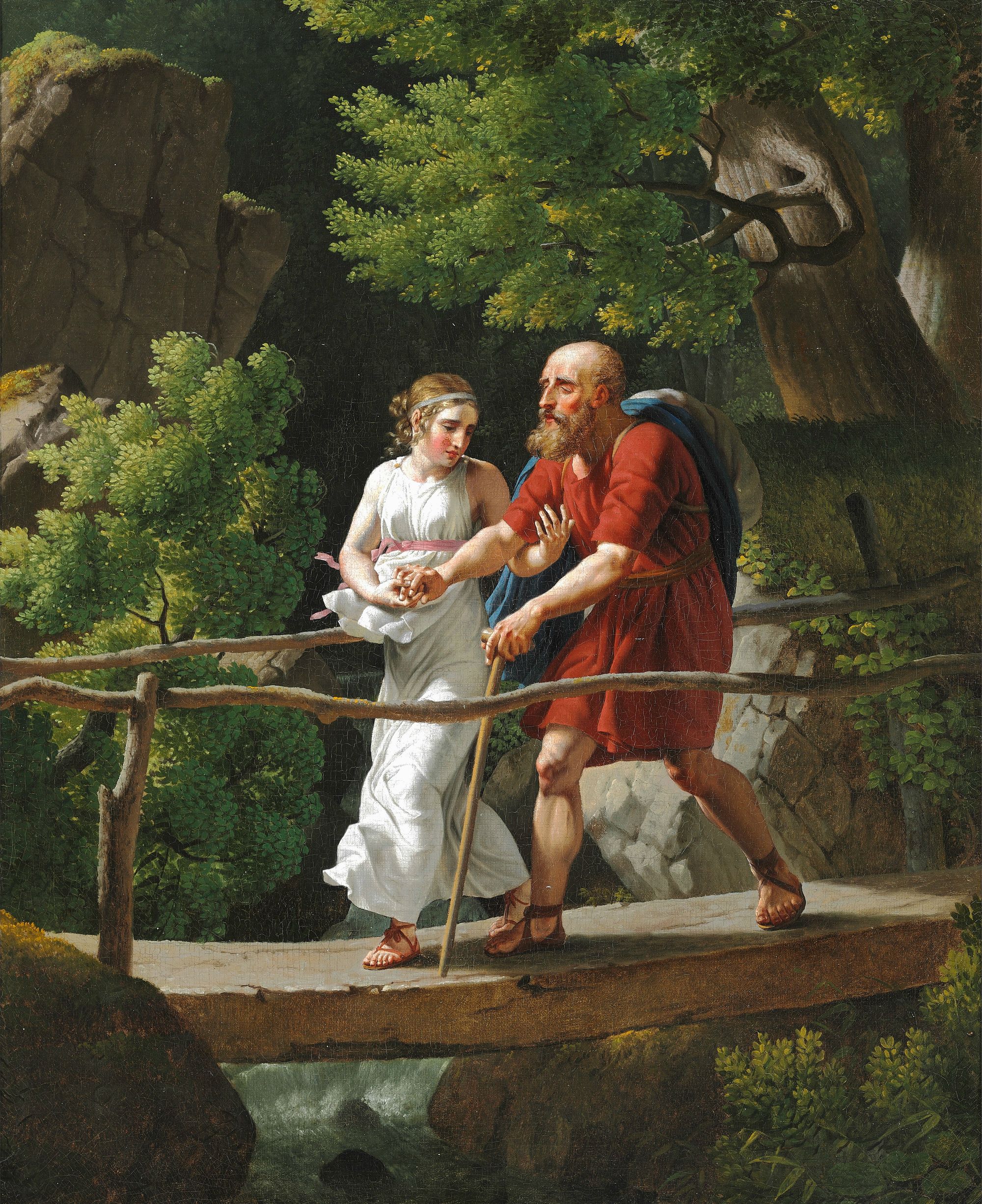 Edipo cegado caminando con su hija Antigona.