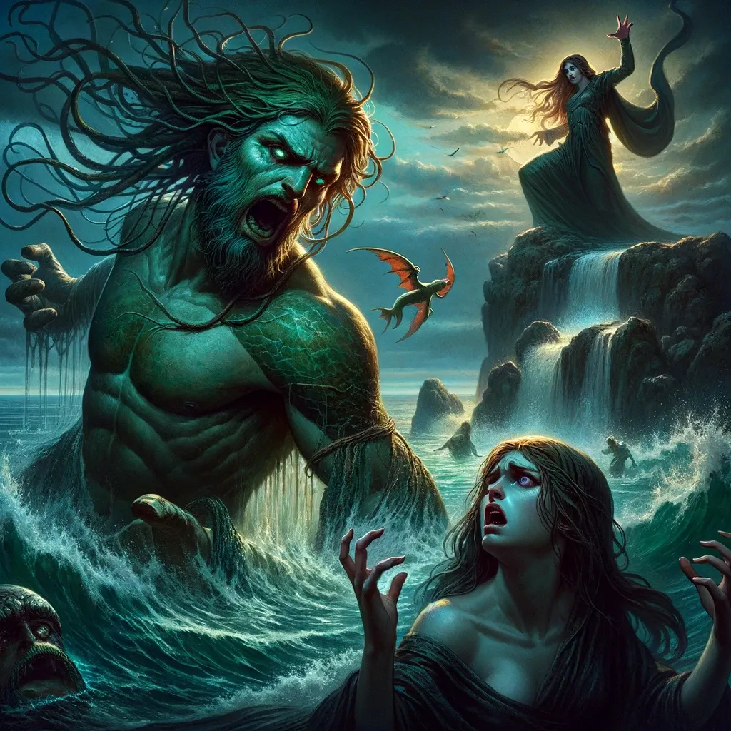 "Una ilustración dramática y mística que representa a Glauco, mitad hombre y mitad pez, emergiendo del mar con algas como cabello. Scylla, una hermosa ninfa, aparece aterrorizada y rechazando a Glauco. En el fondo, Circe, una hechicera poderosa y enigmática, está en su palacio en un acantilado lanzando un hechizo, con una expresión de celos y determinación, simbolizando su intento de transformar a Scylla en un monstruo marino."