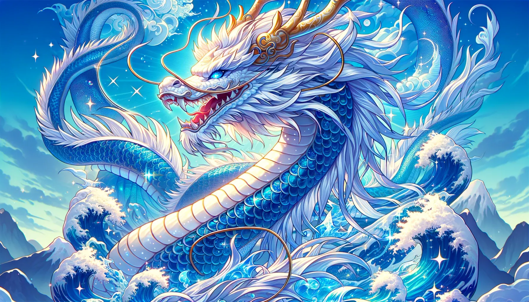 Ilustración estilo anime de Lạc Long Quân, un dragón poderoso con escamas brillantes y una melena fluida, rodeado de olas oceánicas en tonos azules vibrantes.