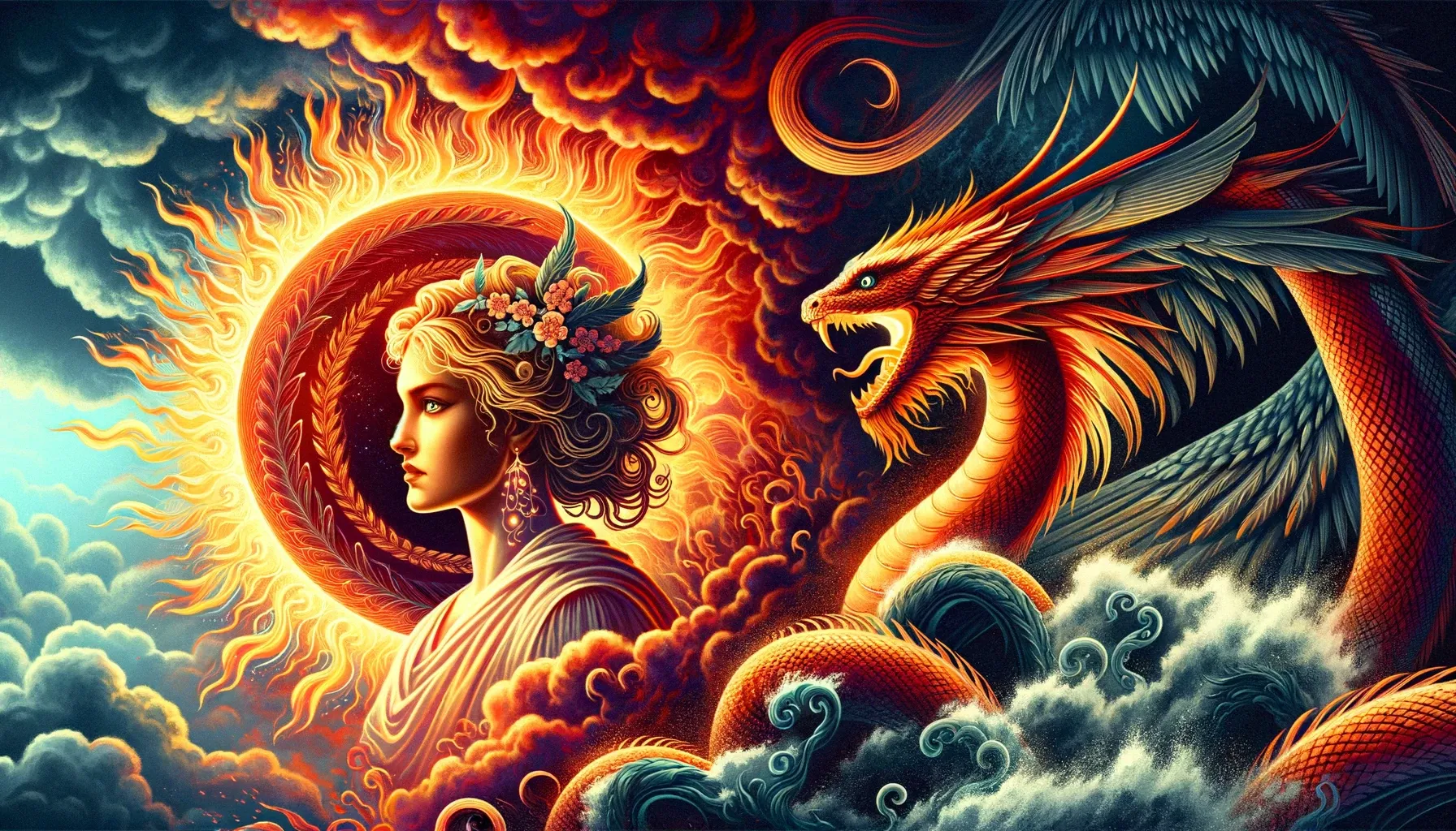 Mari, la diosa de la mitología vasca, con una aura de fuego, junto a Sugaar, representado como una serpiente o dragón, bajo un cielo tormentoso, simbolizando su poder combinado sobre los elementos naturales.