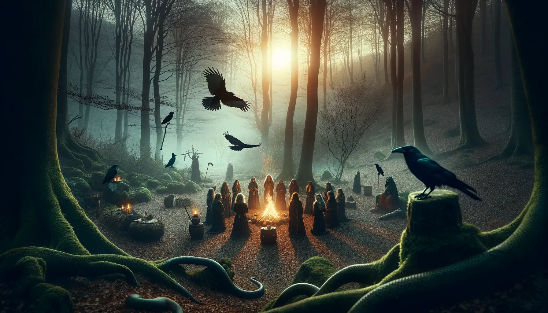 Ritual vasco antiguo en honor a Mari, la diosa de la mitología vasca, en un claro del bosque al atardecer, con personas realizando ceremonias alrededor de un fuego, rodeados de elementos naturales como serpientes y cuervos.