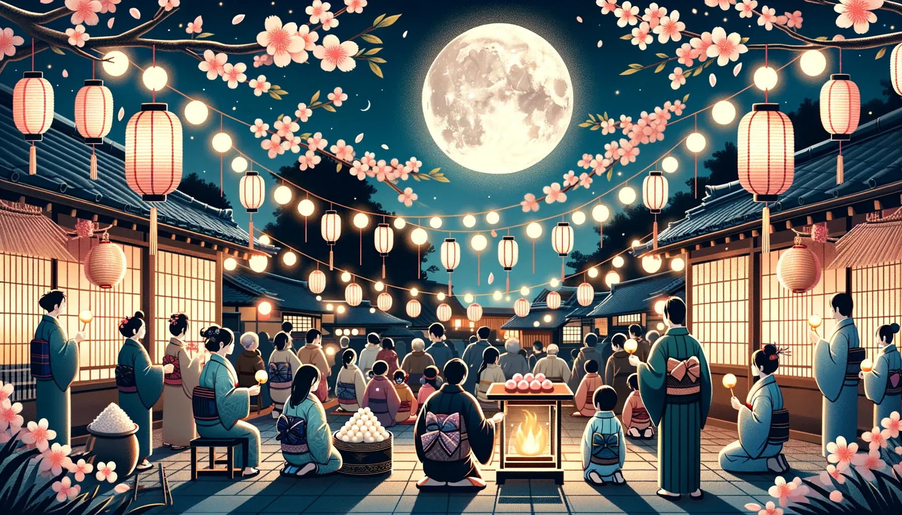 Gente celebrando el festival Tsukimi en honor a Tsukuyomi, con decoraciones tradicionales y una luna llena en el cielo.