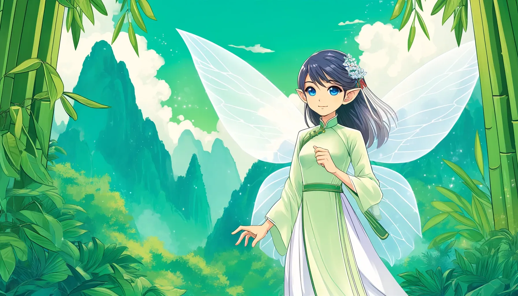 Ilustración estilo anime de Âu Cơ, un hada con atuendo tradicional vietnamita, alas delicadas y expresión serena, rodeada de un paisaje montañoso exuberante en tonos verdes.