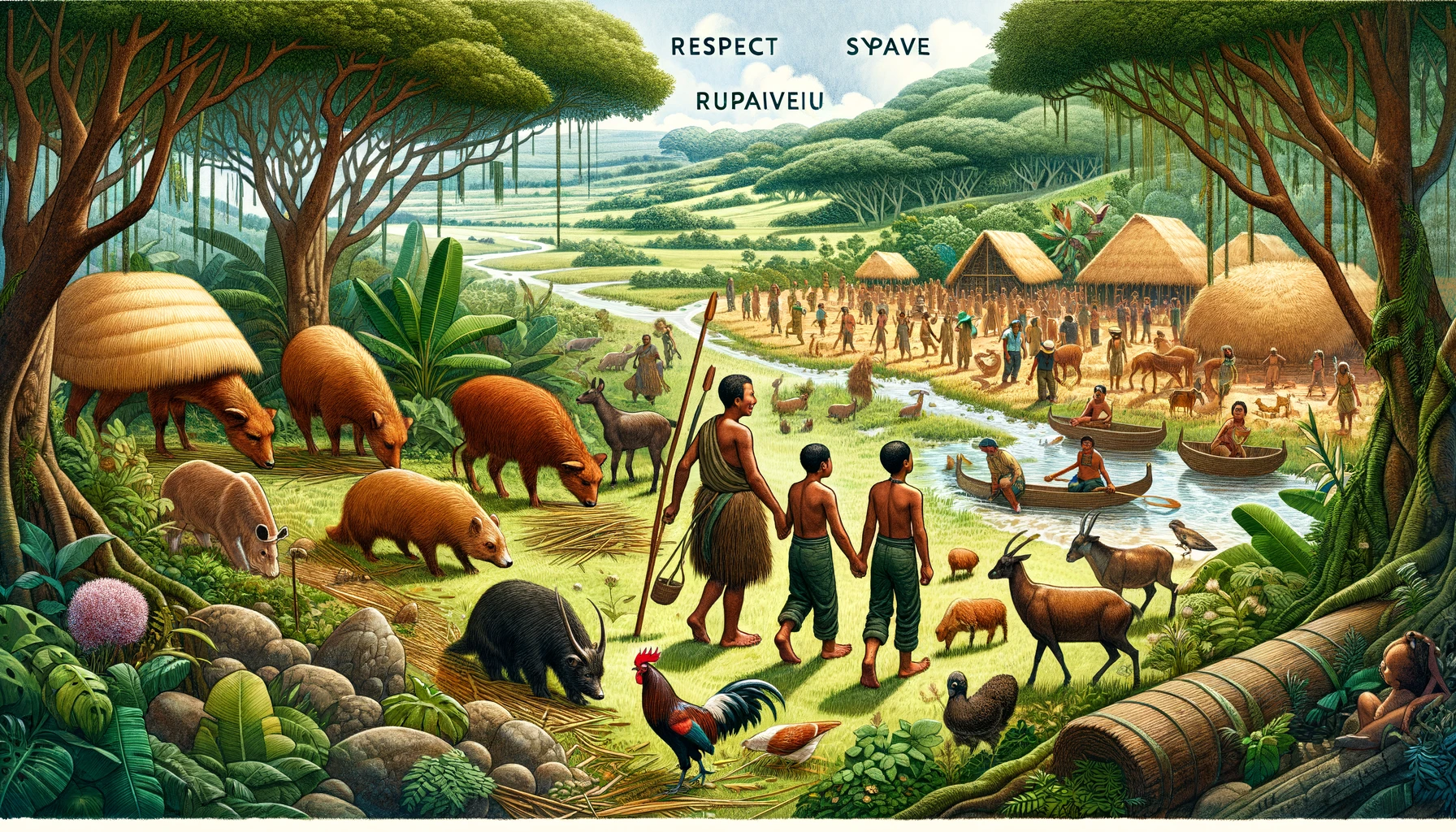 Ilustración de Ñande Ru instruyendo a Rupavê y Sypavê en la agricultura, caza y pesca en un entorno verde y comunitario.