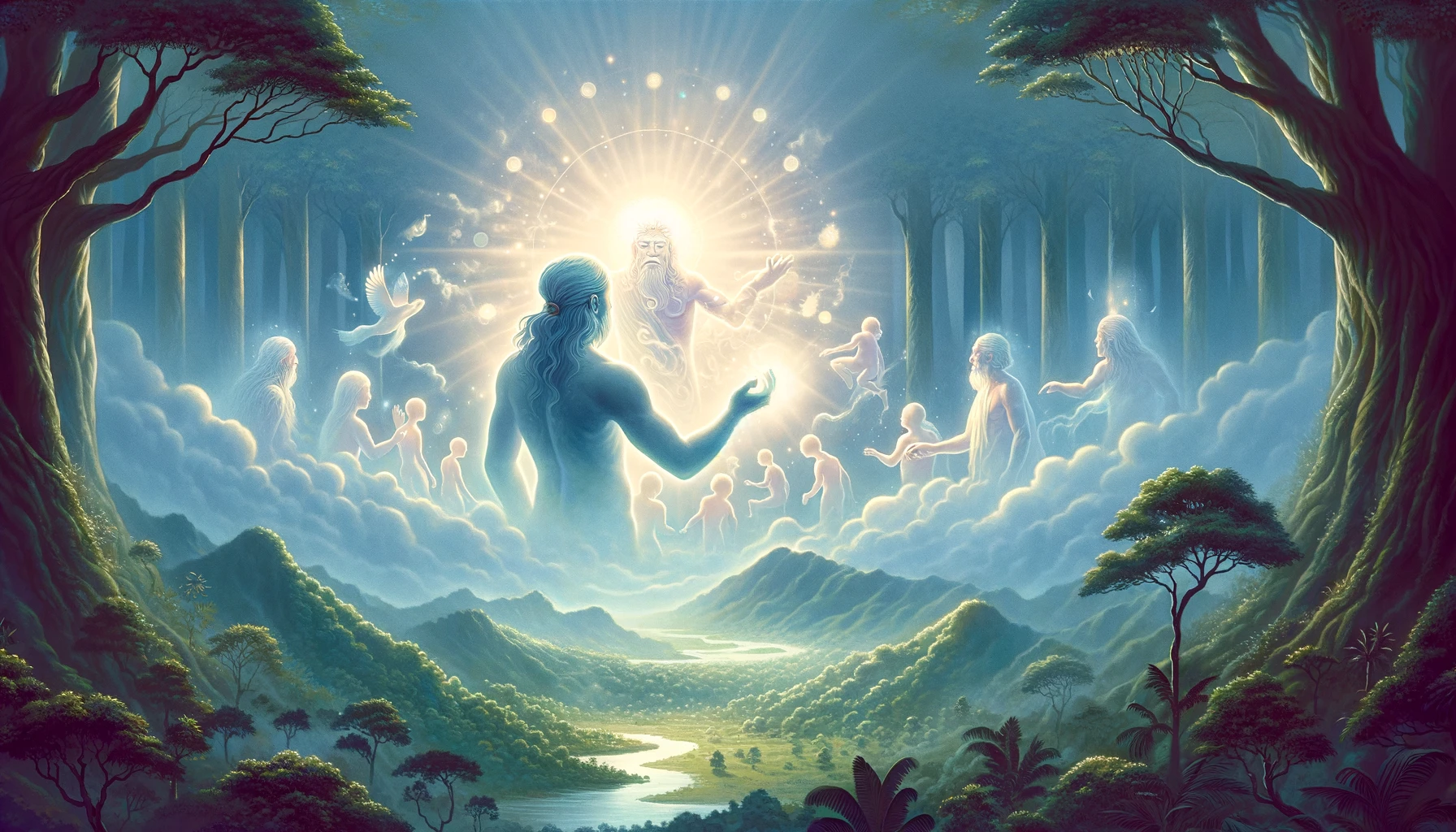 Ilustración del espíritu Jakairá, una figura nebulosa, asistiendo en la creación de los primeros humanos, rodeado de una suave niebla luminosa en un bosque.