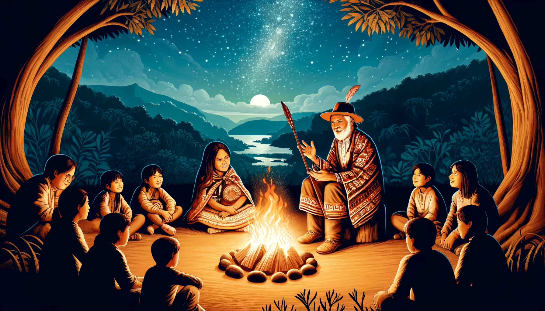 Ilustración de ancianos guaraníes contando mitos y leyendas a los jóvenes alrededor de una fogata nocturna, con un fondo de cielo estrellado y bosque.