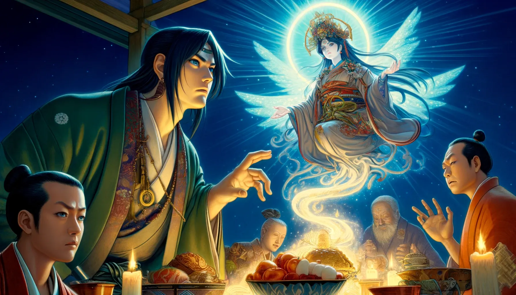 Tsukuyomi confrontando a Ukemochi en el banquete, mientras Amaterasu observa desde el cielo con desaprobación.