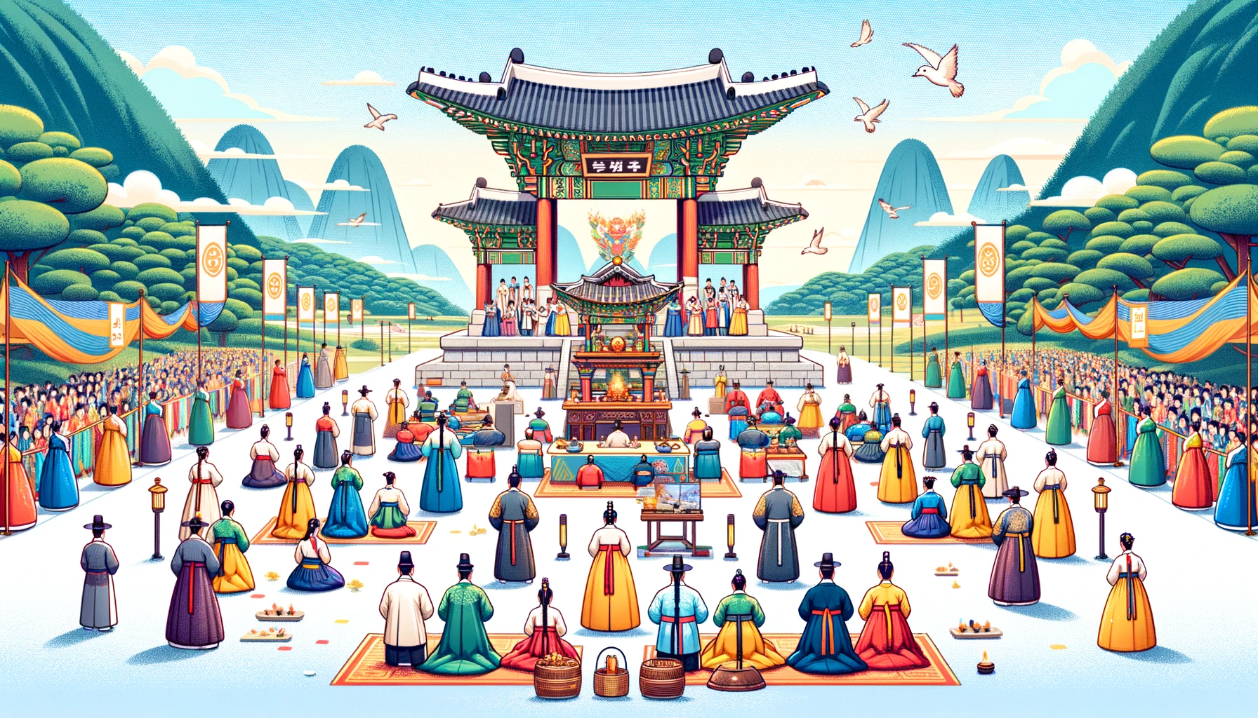 Celebración moderna de Gaecheonjeol con personas en Hanbok participando en rituales alrededor del Altar de Dangun.