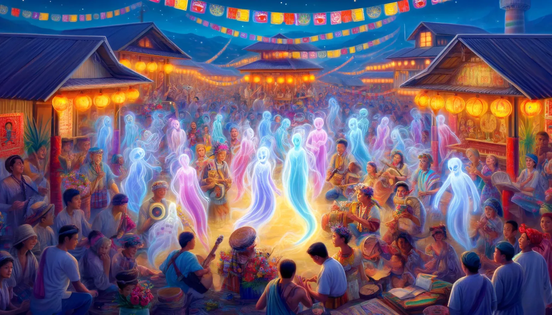 Una escena festiva en un pueblo filipino, con personas en trajes coloridos bailando y cantando, y espíritus anito luminosos mezclados con la multitud.