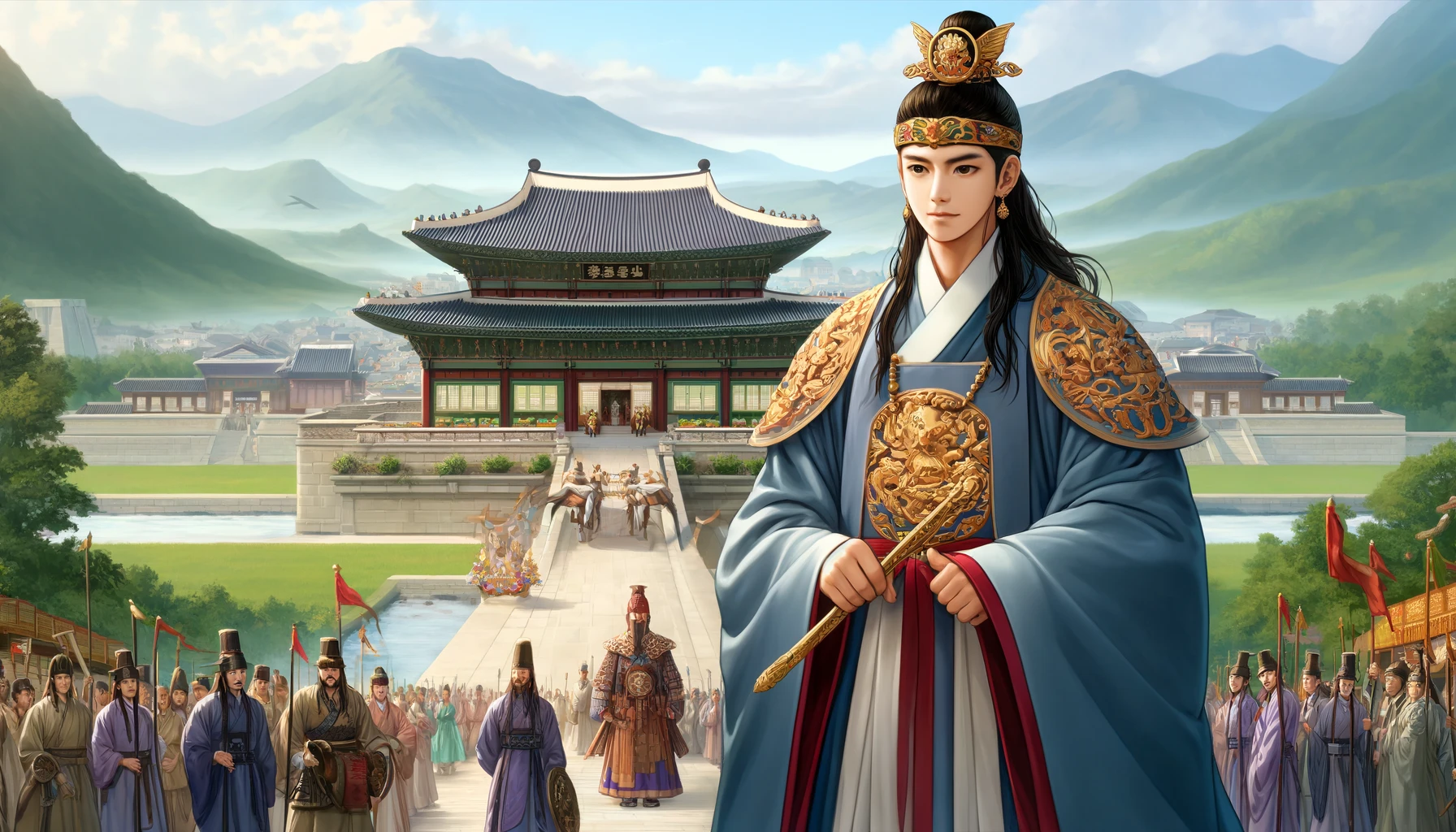 Dangun Wanggeom, adulto, de pie frente a un palacio coreano tradicional en la capital de Asadal.