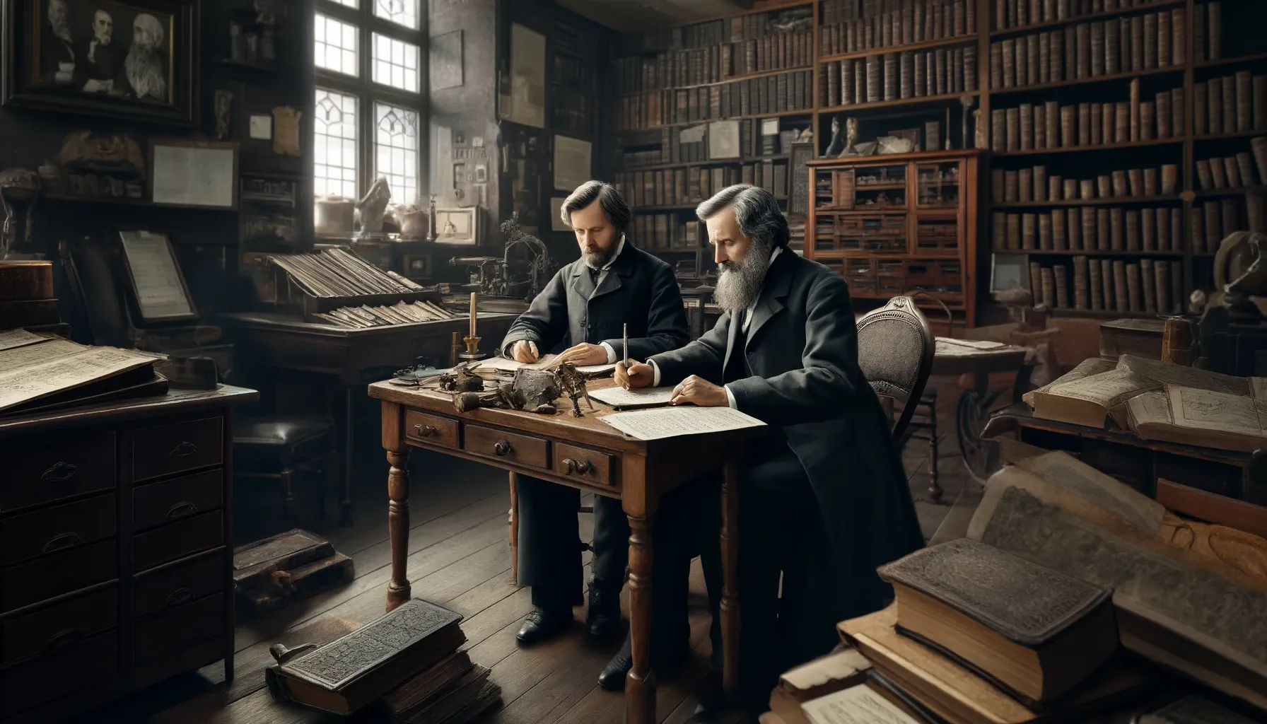 Los Hermanos Grimm en una habitación antigua, trabajando juntos en una mesa con libros y manuscritos.