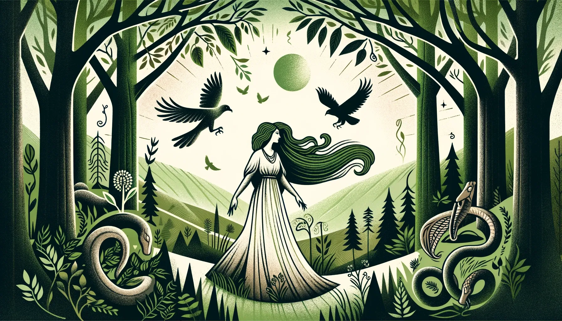 Mari, la diosa de la mitología vasca, en un bosque sereno, rodeada de vegetación exuberante, serpientes y cuervos, simbolizando su conexión con la naturaleza y sus poderes místicos.