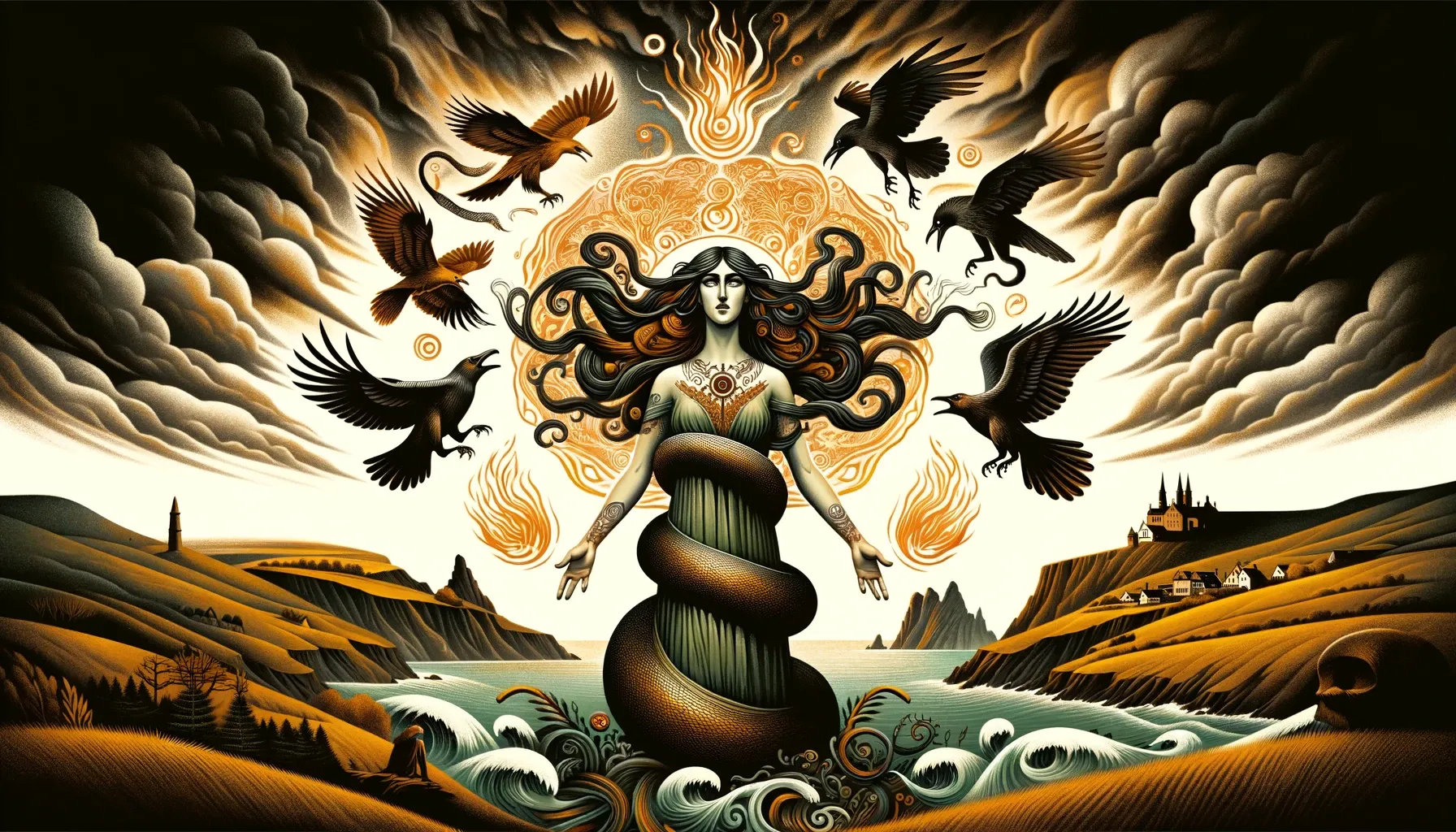 Imagen de Mari, la diosa vasca, rodeada de serpientes, cuervos y un aura de fuego, con un paisaje tormentoso del País Vasco.