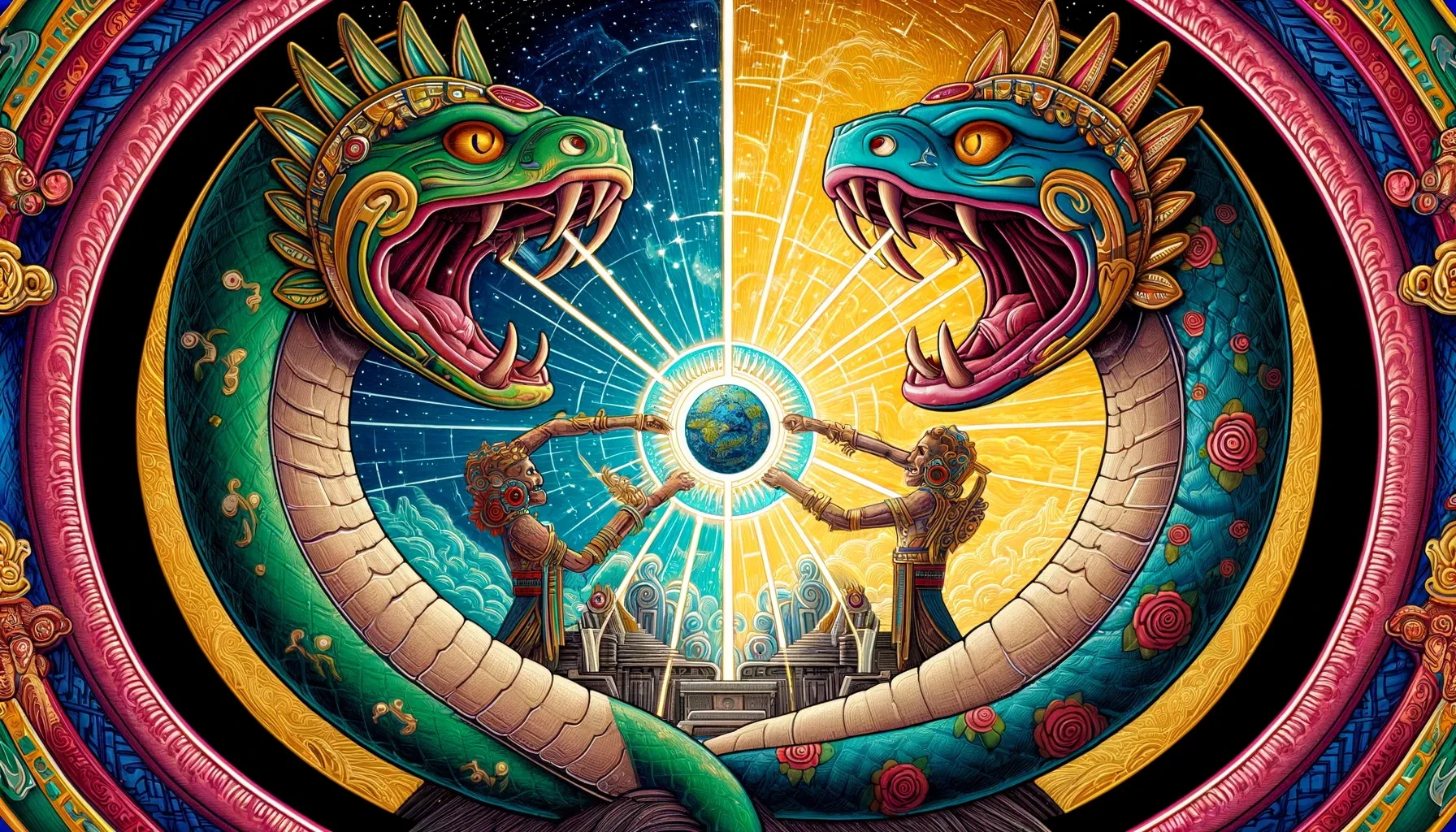 Ilustración de Quetzalcóatl y Tezcatlipoca en forma de serpientes, partiendo al monstruo Cipactli para formar el cielo y la tierra, con motivos celestiales y terrestres.