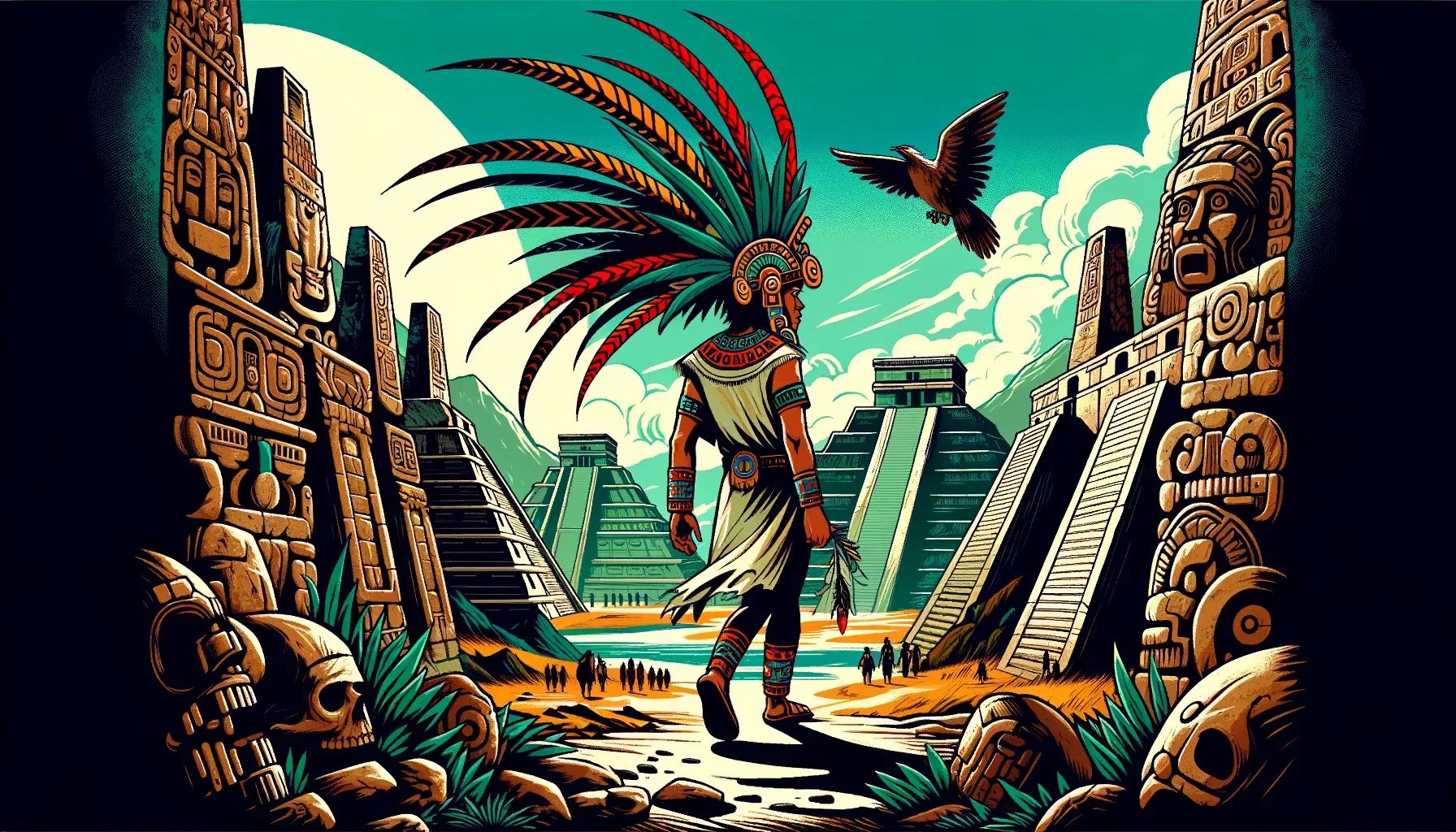 Ilustración de Quetzalcóatl en forma humana dejando la ciudad de Tollan con su grandiosa arquitectura al fondo.
