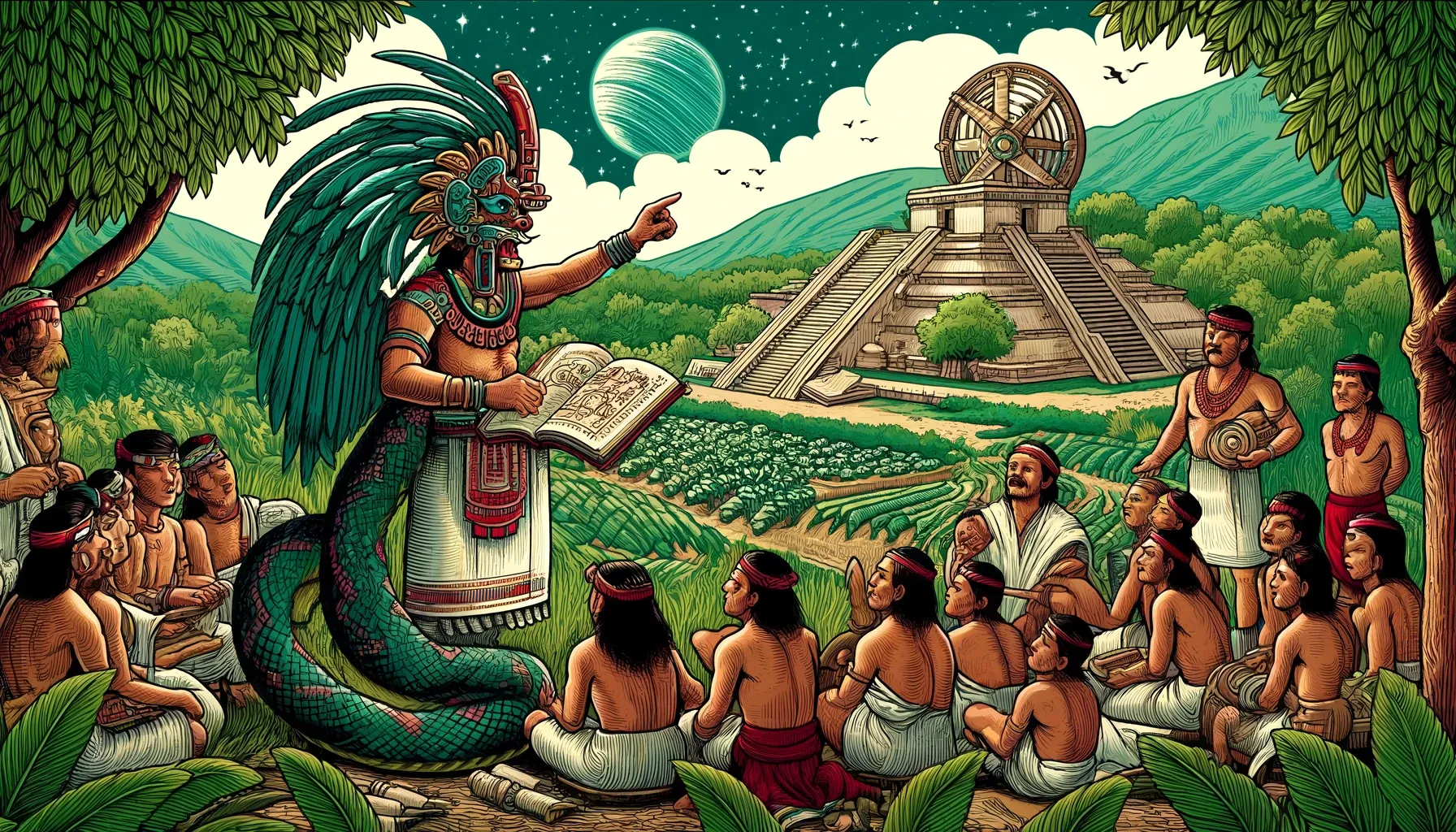  Ilustración de Quetzalcóatl en forma humana enseñando agricultura y astronomía a un grupo de aztecas en un entorno tradicional.