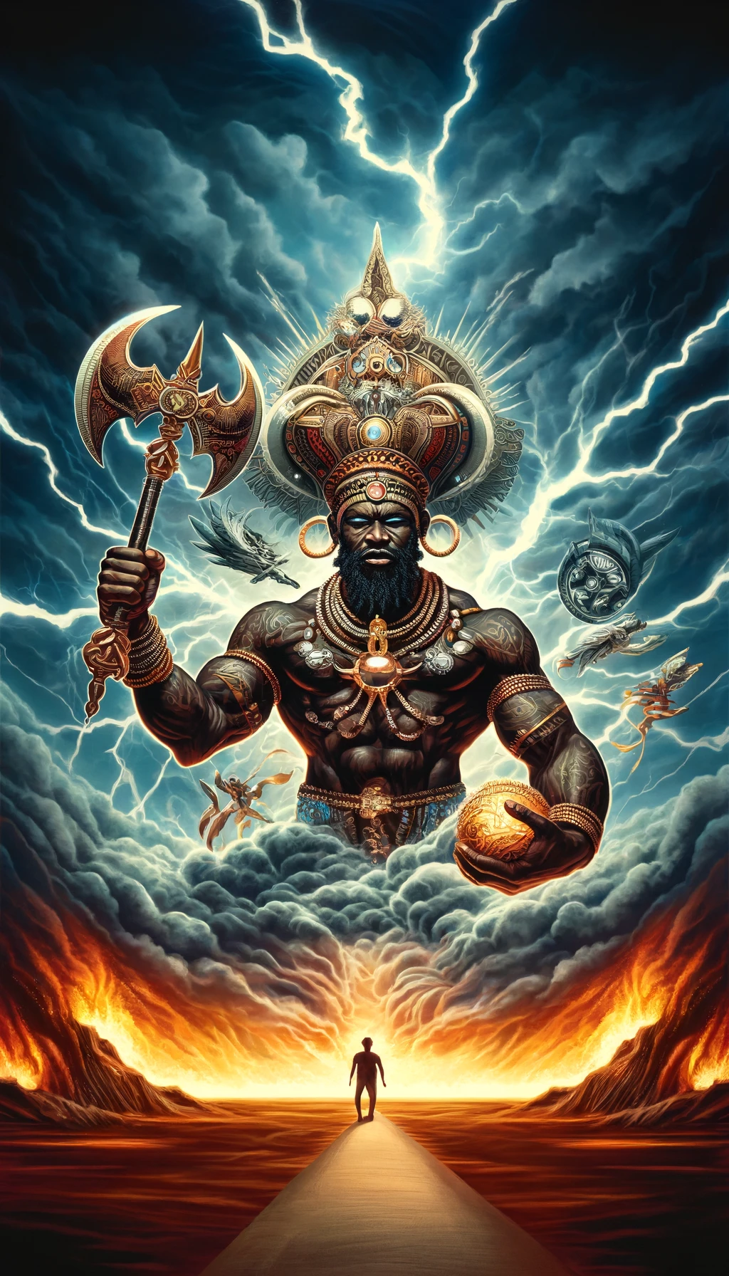 Imagen de Shango, Orisha de la religión yoruba, con apariencia de guerrero, sosteniendo un hacha de doble filo, rodeado de relámpagos y nubes de tormenta, representando su dominio sobre el trueno y el fuego.